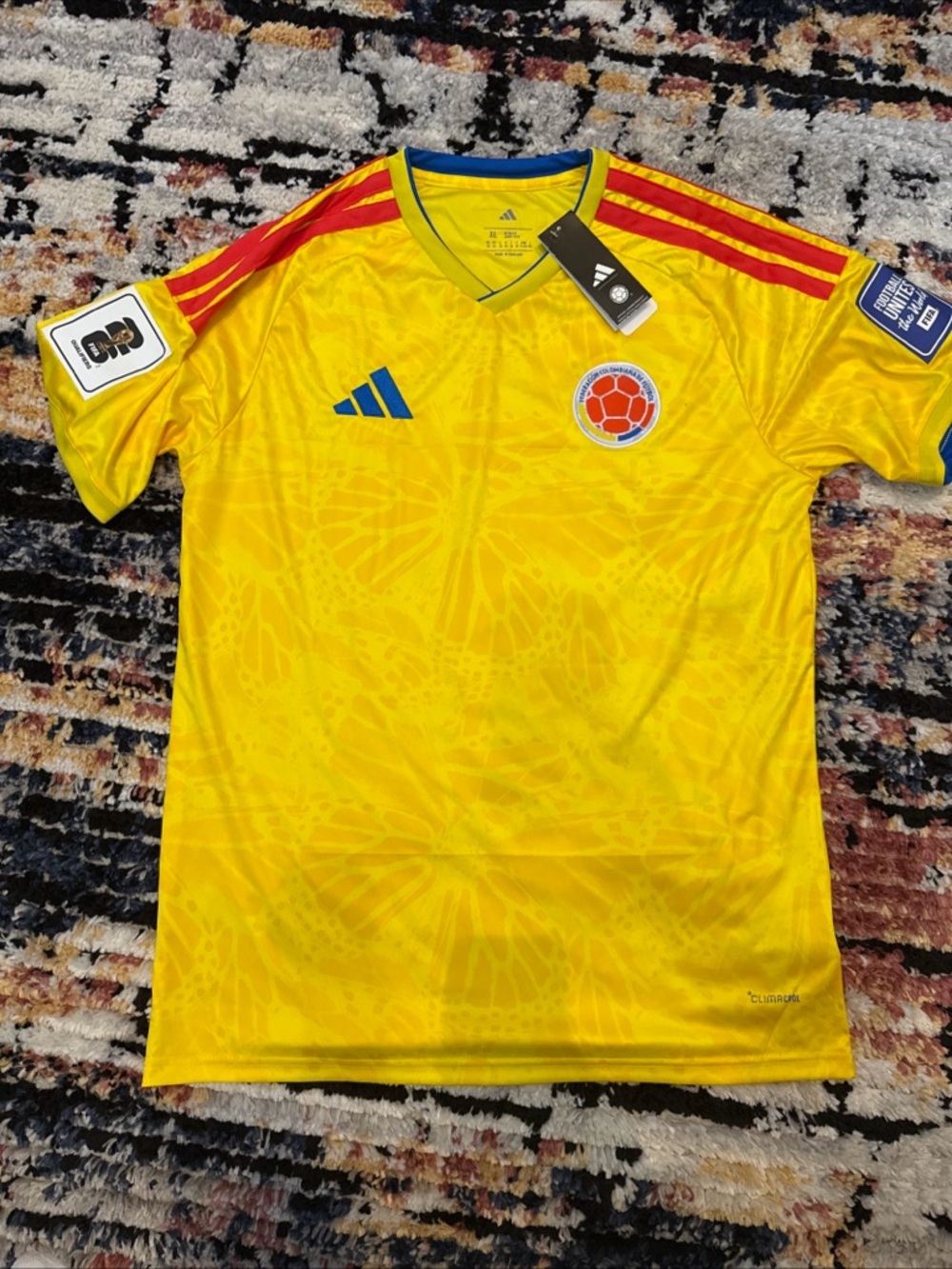 adidas Yellow Colombia National Team Soccer Jersey with Red Stripes